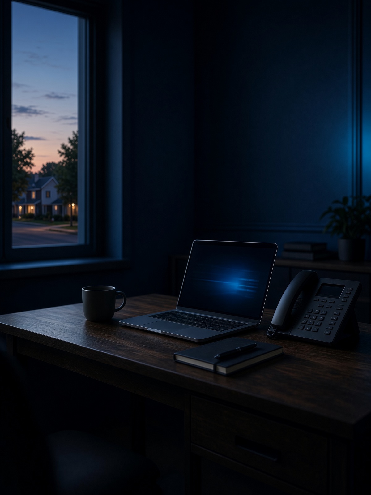 A quiet office desk with a laptop and desk phone
